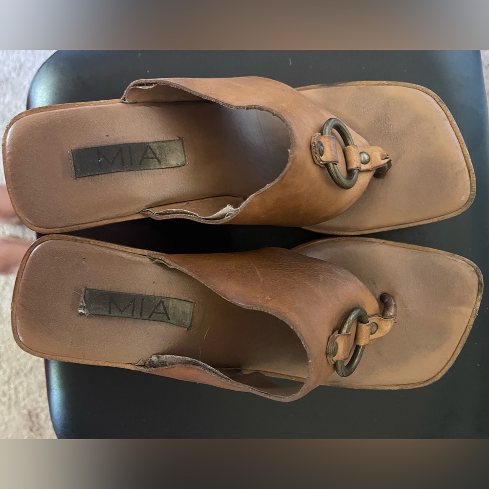 MIA Brown Leather Slide Sandals with Metal Ring Detail